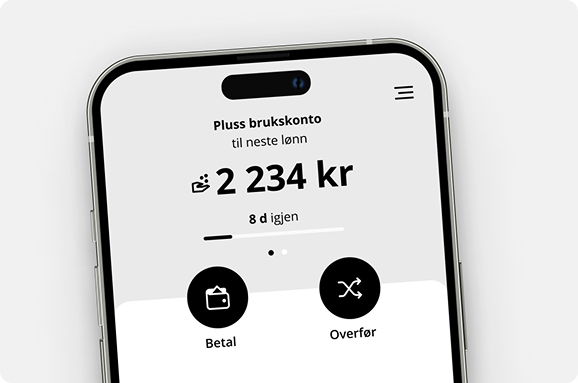 Mobilskjerm som viser saldoen på en brukskonto med en nedtelling til neste lønn, inkludert valg for å betale eller overføre penger.